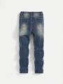 SHEIN Tween Boys' Water-Washed Stretchy Distressed Denim Skinny Jeans With Patchwork, Fashion Casual