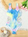 Teen Girl's One-Piece Swimsuit With Hollow Out Waist, Braided Cord And Tropical Tie-Dye Print, Fashionable Beach Vacation Swimwear, Mommy And Me Matching Outfits (2 Pieces Are Sold Separately)