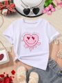 Young Girl Casual Heart, Face, Plaid Print Street Style Round Neck Short Sleeve T-Shirt For Everyday Wear