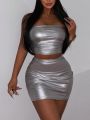 SHEIN SXY Pu Leather Strapless Top And Skirt Set
