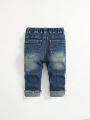SHEIN Baby Boy Casual Loose Fit Mid-Rise Distressed Jeans, Irregular Cut And Elastic Waist