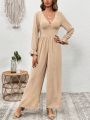 SHEIN VCAY Solid Color V-neck Ruffle Sleeve Jumpsuit