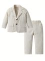 SHEIN Young Boy Gentleman 2pcs Linen Suit Set, Comfortable And Suitable For Summer Occasions Such As Birthday Parties, Holidays, Weddings, Baptisms, Etc.
