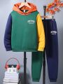 SHEIN Tween Boys' 2pcs/set Color Block Hoodie & Pants Casual Sports Tracksuit