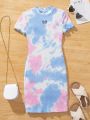 SHEIN Kids EVRYDAY Tween Girls' Knitted Tie-Dye Heart Hollow Out Slim Fit Casual Dress