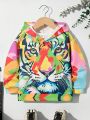 SHEIN Boys' Casual Street Style Cartoon Tiger Animal Printed Hooded Sweatshirt