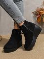 Women's Black Buckle Decorated Wedge Heel Boots, Faux Suede Front Lace-up Fashion Boots