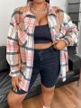 Plus Size Plaid Shirt With Drop Shoulder Sleeves And Flap Pockets