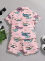 SHEIN Kids QTFun 2pcs Young Boys' Comfortable And Stylish Cartoon Crocodile Print Short Sleeve Shirt And Shorts, Suitable For Spring And Summer