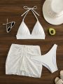 SHEIN Swim Vcay Women's Solid Triangle Cup Bikini Swimsuit Set + Jacquard Swim Skirt