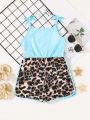 Young Girl Leopard & Letter Graphic Bow Shoulder Cami Romper
