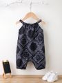 Baby Girls' Vintage Paisley Patterned Romper With Spaghetti Straps And Shorts