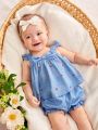SHEIN Newborn Baby Girl Strawberry Pattern Decor Butterfly Knot Puff Sleeve Top And Bloomers Set