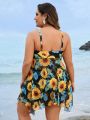 SHEIN Swim Classy Plus Size Women's Sunflower Pattern Vest Style Bikini