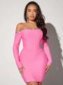 SHEIN SXY Valentines Pink Sexy Bandage Off-Shoulder Rhinestone & Bead Decor Gorgeous Dress