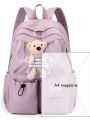 Letter Patch Decor Drawstring Front Functional Backpack With Bag Charm