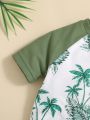 SHEIN Baby Boy'S Casual Coconut Tree & Dinosaur Print Colorblock Raglan Sleeve Pullover With Shorts/Swimwear Set
