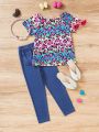 SHEIN Kids EVRYDAY Young Girl Heart Printed Short Sleeve T-Shirt And Denim Pants Outfit