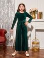 SHEIN Girls' Christmas Party Solid Velvet Belted Knit Jumpsuit With Matching Mommy And Me Outfits