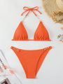 SHEIN Swim Basics Women's Solid Color Ring Buckle Decorated Bikini Set With Swimsuit And Swimwear