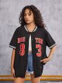 SHEIN Teen Girls' Knitted Number Pattern Casual Baseball Shirt