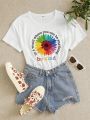 1pc Teenage Girls' Short Sleeve T-Shirt With Floral & Letter Print