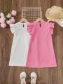 SHEIN Kids EVRYDAY Young Girls' Solid Color Hollow-Out Embroidery Dress With Ruffle Hem Design