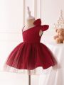 Infant Girls' One-shoulder Dress With Bow Decoration And Double-layer Design For Formal Occasion