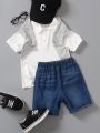SHEIN Kids EVRYDAY Young Boys' White Sailboat Pattern Polo Shirt And Denim Shorts Set College Style For Summer