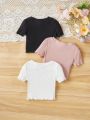 SHEIN 3pcs/Set Baby Girls' Casual Knit Pure Color Round Neck Short Sleeve Tops