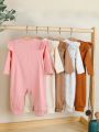 Baby Girls' 5pcs/Set Solid Color Jumpsuit With Ruffle Sleeves And Stripes Design, Cute Casual Outfits For Spring And Summer