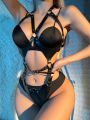 Ring Linked PU Leather Harness Bodysuit Without Lingerie