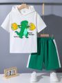 SHEIN Tween Boys' Casual Cute Weightlifting Dinosaur Print Hooded Short Sleeve Top And Shorts Knitwear Set