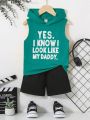 SHEIN Kids EVRYDAY 2pcs/Set Toddler Boys' Casual Sport Sleeveless Top And Shorts With Printed Letters