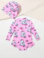 Infant Girls' Unicorn Printed Long Sleeve One-Piece Swimsuit With Swim Cap