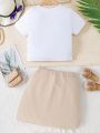 SHEIN Kids EVRYDAY Tween Girl's Letter Print T-Shirt And Solid Color Utility Skirt Set