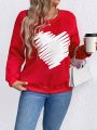 SHEIN LUNE Women's Plus Size Heart Print Raglan Sleeve T-Shirt
