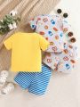 Baby Boy 4pcs/Set Cute And Fun Pretzel Pattern Printed Short Sleeve Top And Shorts Set, Spring/Summer