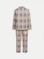 SHEIN Tween Boy Plaid Print Lapel Neck Blazer & Pants