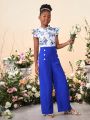 SHEIN Kids Cooltwn Tween Girl Floral Printed Jumpsuit With Ruffle Hem And Cap Sleeves, Perfect For Wedding Season