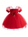Young Girl Contrast Mesh Puff Sleeve 3D Appliques Front Gown Dress