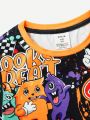 SHEIN Tween Boys' Casual Round Neckline T-Shirt With Letter, Cartoon Print Design And Shorts, Tight Knit Home Wear Set