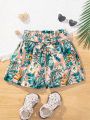 SHEIN Kids Cooltwn Tween Girls' Casual Spring And Summer Woven Floral Straight Shorts