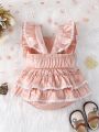Baby'S Romper With Embroidery, Satin And Linen Material, Soft And Comfortable, With Lace Decoration, In Pink
