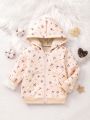 SHEIN Kids EVRYDAY Little Girls' Casual Floral Print Hooded Zip-Up Fleece Sweatshirt