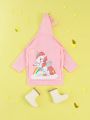 Girls' Cute Pink Unicorn & Rainbow Printed Raincoat With Unicorn Horn Design For All Seasons