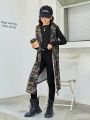 SHEIN Kids EVRYDAY Tween Girls' Camouflage Knitted Loose Fit Open Front Sleeveless Cardigan