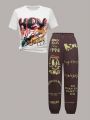 2pcs/Set Teen Girl's Street-Style Letter Printed Short Sleeve T-Shirt And Sweatpants