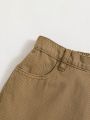 SHEIN Teen Boy Khaki Color Loose Fit Washed Denim Shorts With Cargo Pockets