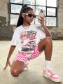 SHEIN Kids Cooltwn Tween Girls' Cool Street Style Knit Round Neck Short Sleeve T-Shirt And Plaid Pattern Shorts Set